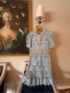 Girls' Light Blue Lace Pocket Dress
